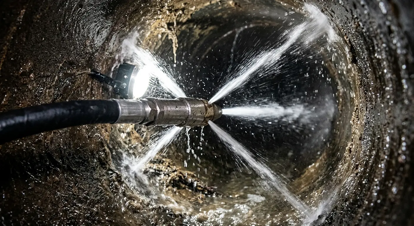 High-pressure hydro jetting nozzle cleaning sewer pipe for Trenchless Sewer Repair in Augusta