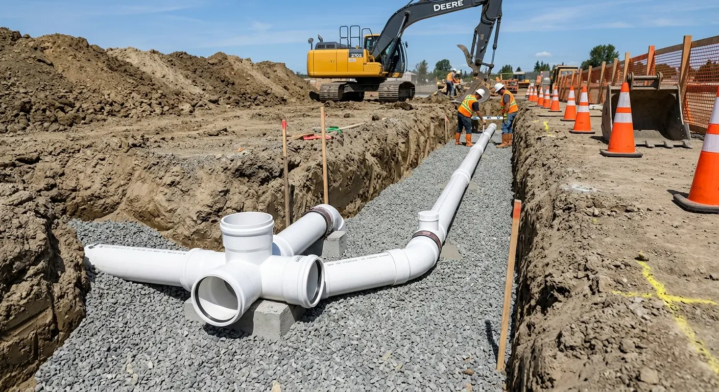 New PVC sewer pipe installation in open trench for Grease Trap Cleaning in Augusta