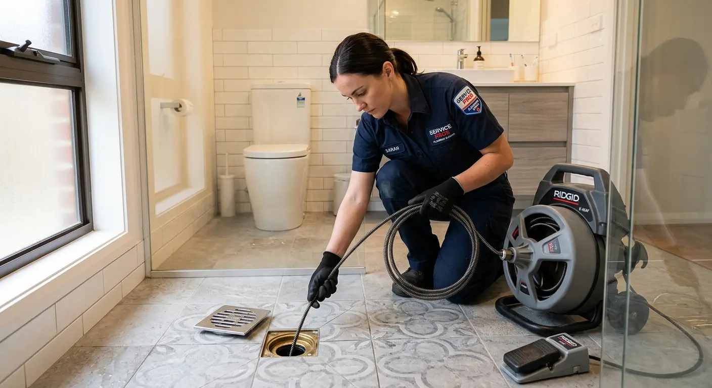 Technician clearing a bathroom floor drain for Sewer Line Installation in Augusta